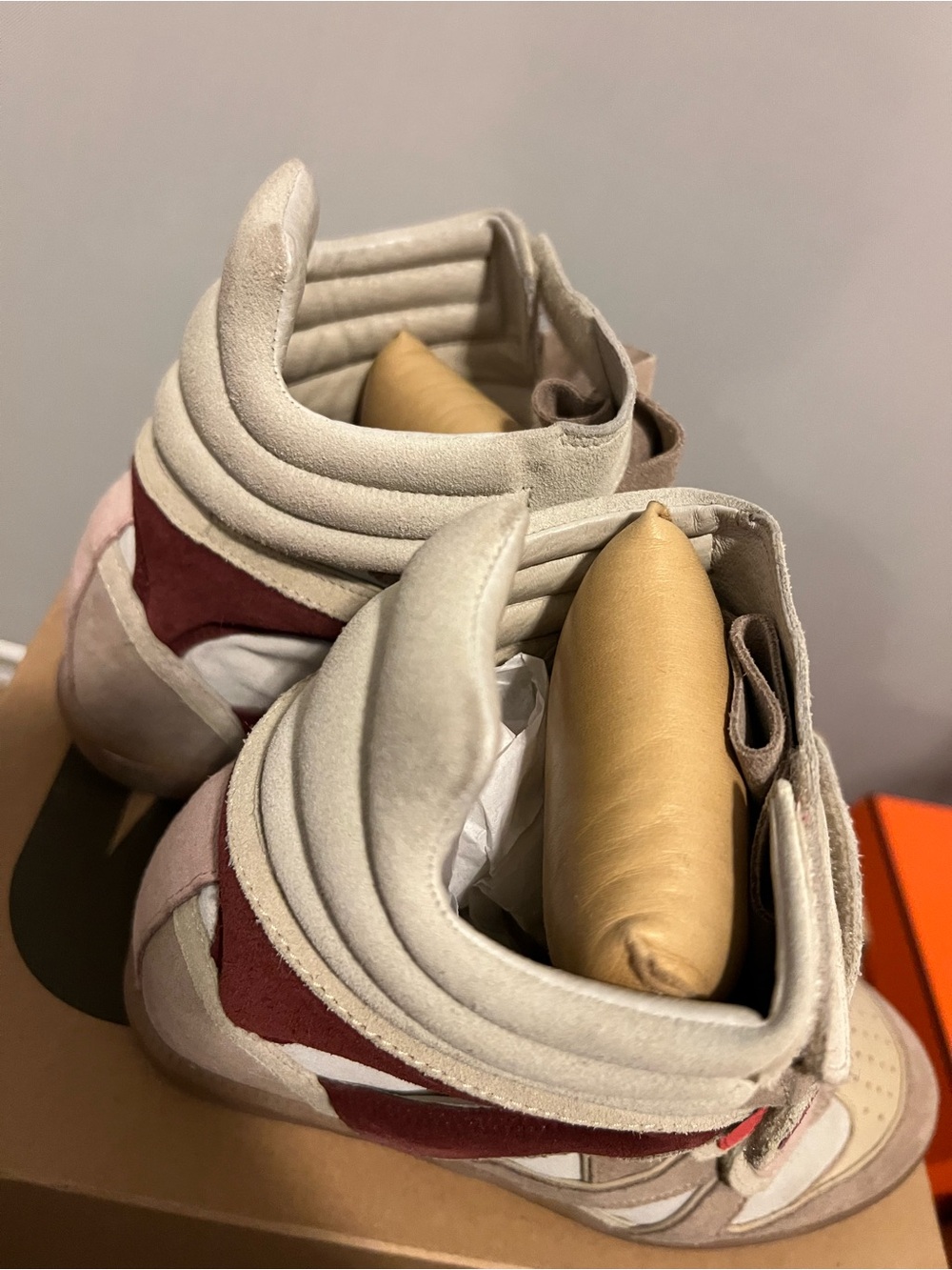 Isabel Marant Beige Suede Wedge Sneakers with Pink, Red & Burgundy Straps - Picture 5 of 8